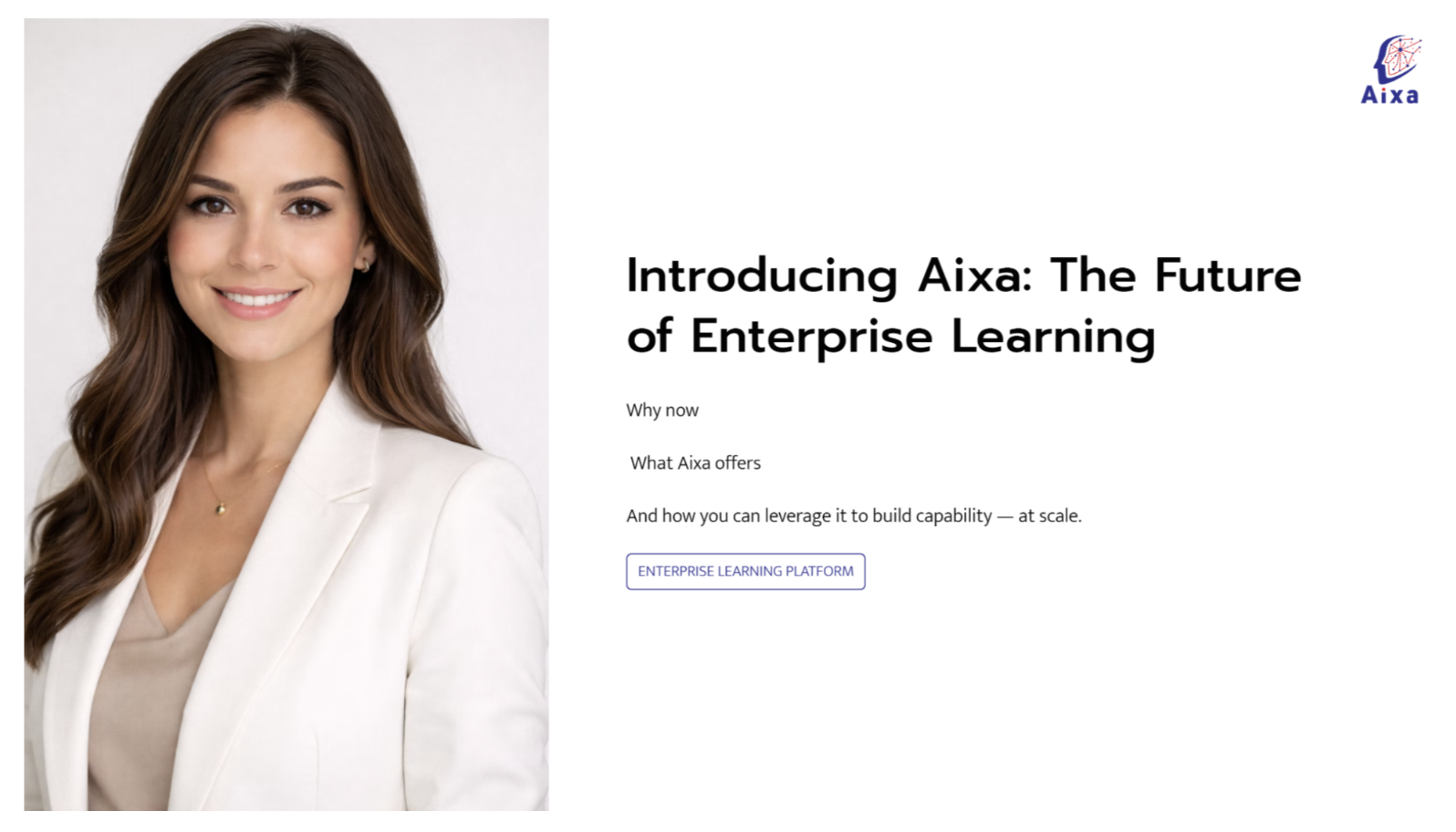 An Aixa Digital Human introducing the enterprise learning platform